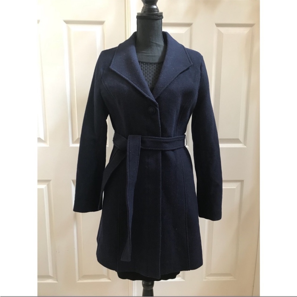 Modern Amusement Navy Blue Wool Belted Trench Coat